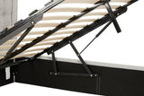 Ottoman storage bed frame with lifted wooden slats and gas lift mechanism close up