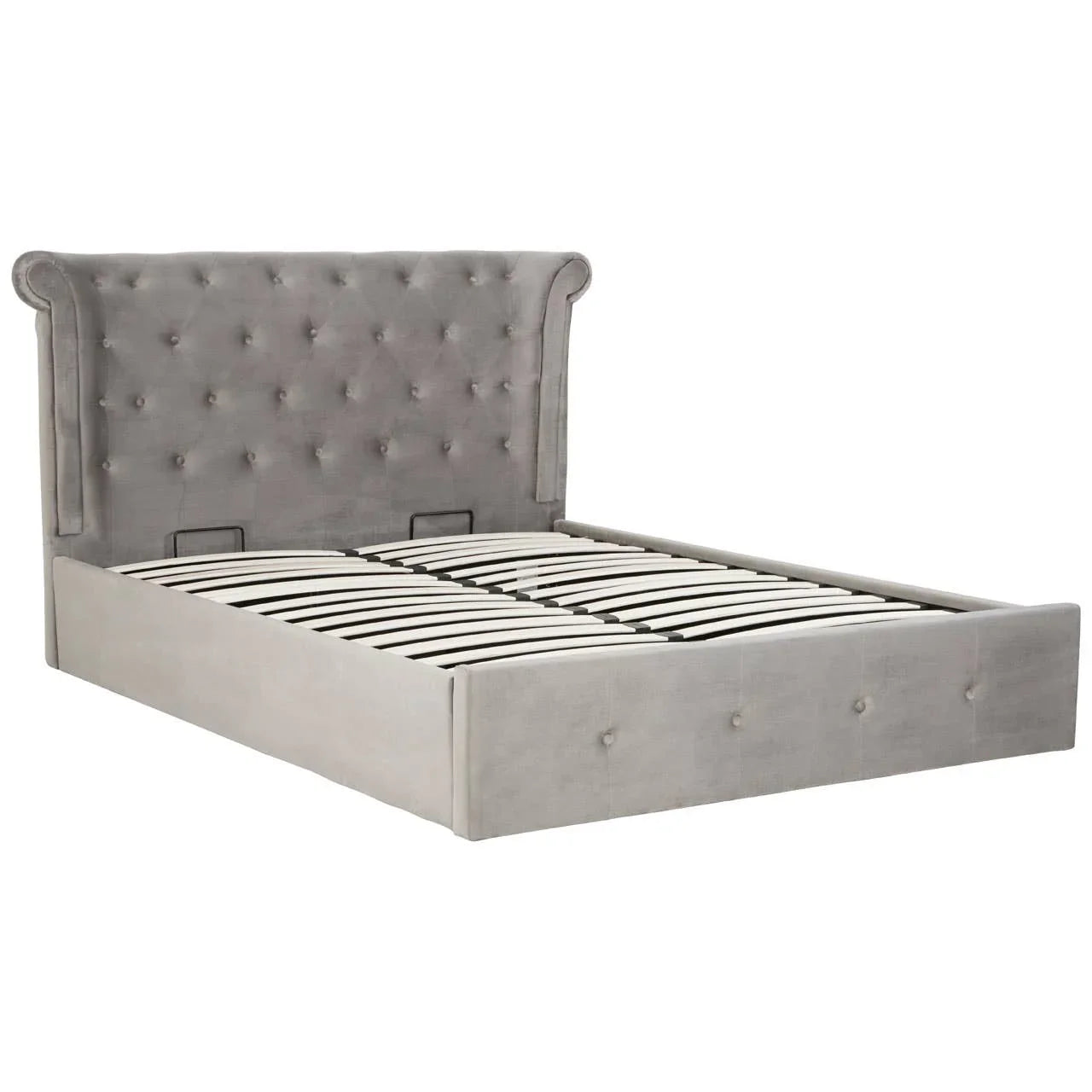Grey upholstered bed frame with tufted headboard and wooden slats, angled front view