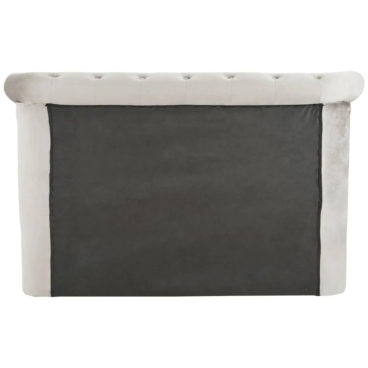Back view of grey upholstered bed headboard with button-tufted top edge