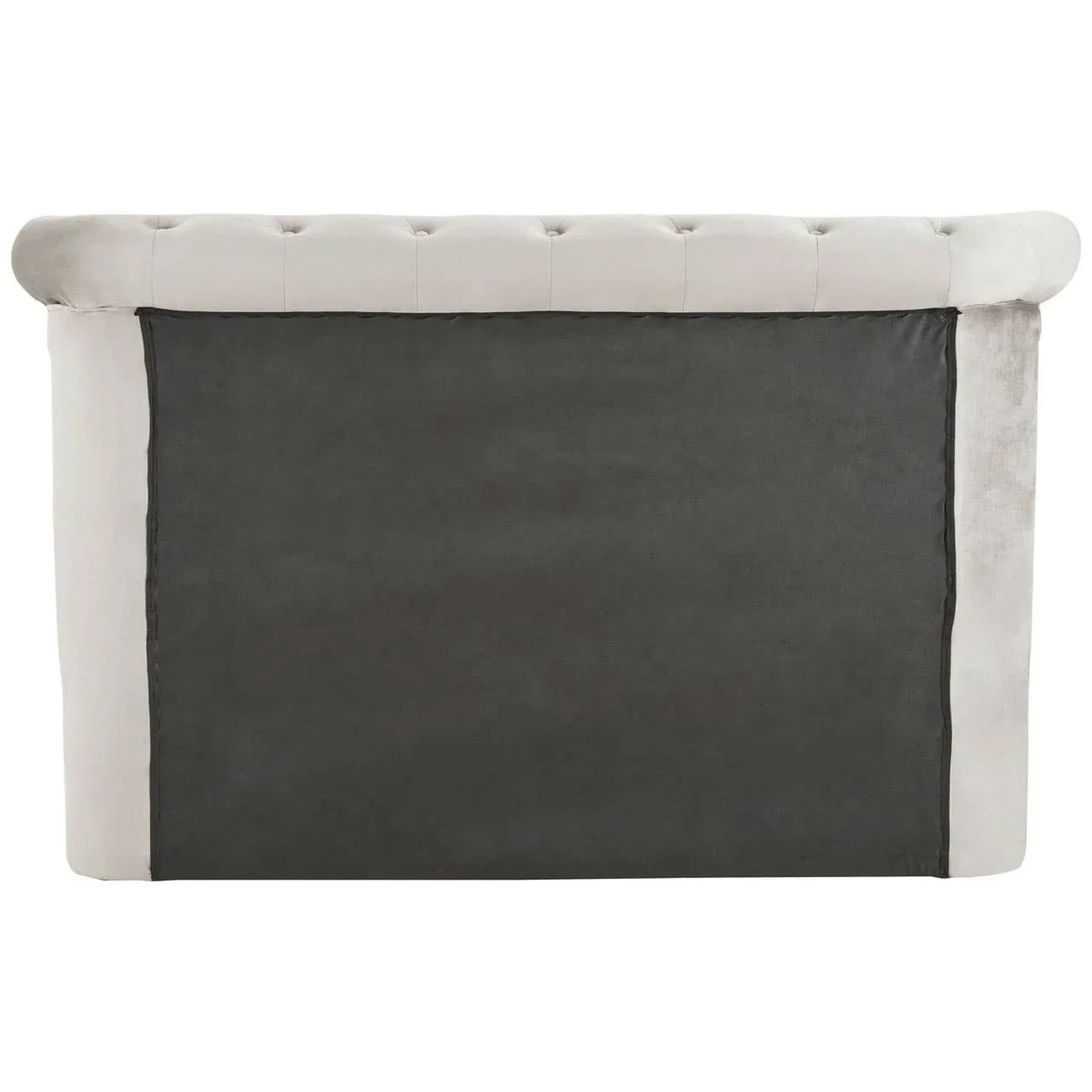 Back view of grey upholstered bed headboard with button-tufted top edge