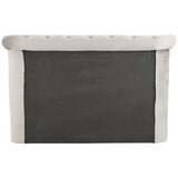 Back view of grey upholstered bed headboard with button-tufted top edge