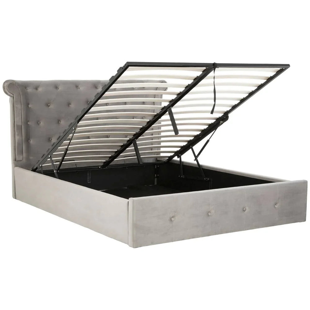Grey upholstered ottoman bed frame with open lift-up storage and buttoned headboard