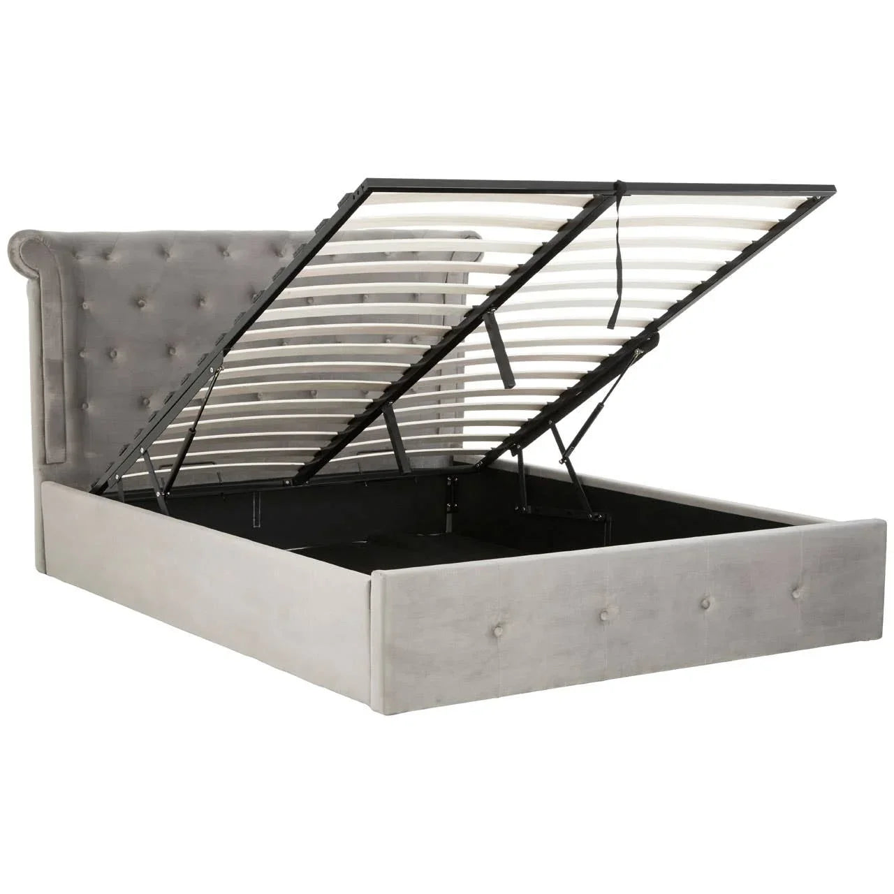 Grey upholstered ottoman bed frame with open lift-up storage and buttoned headboard