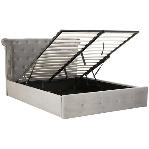 Grey upholstered ottoman bed frame with open lift-up storage and buttoned headboard