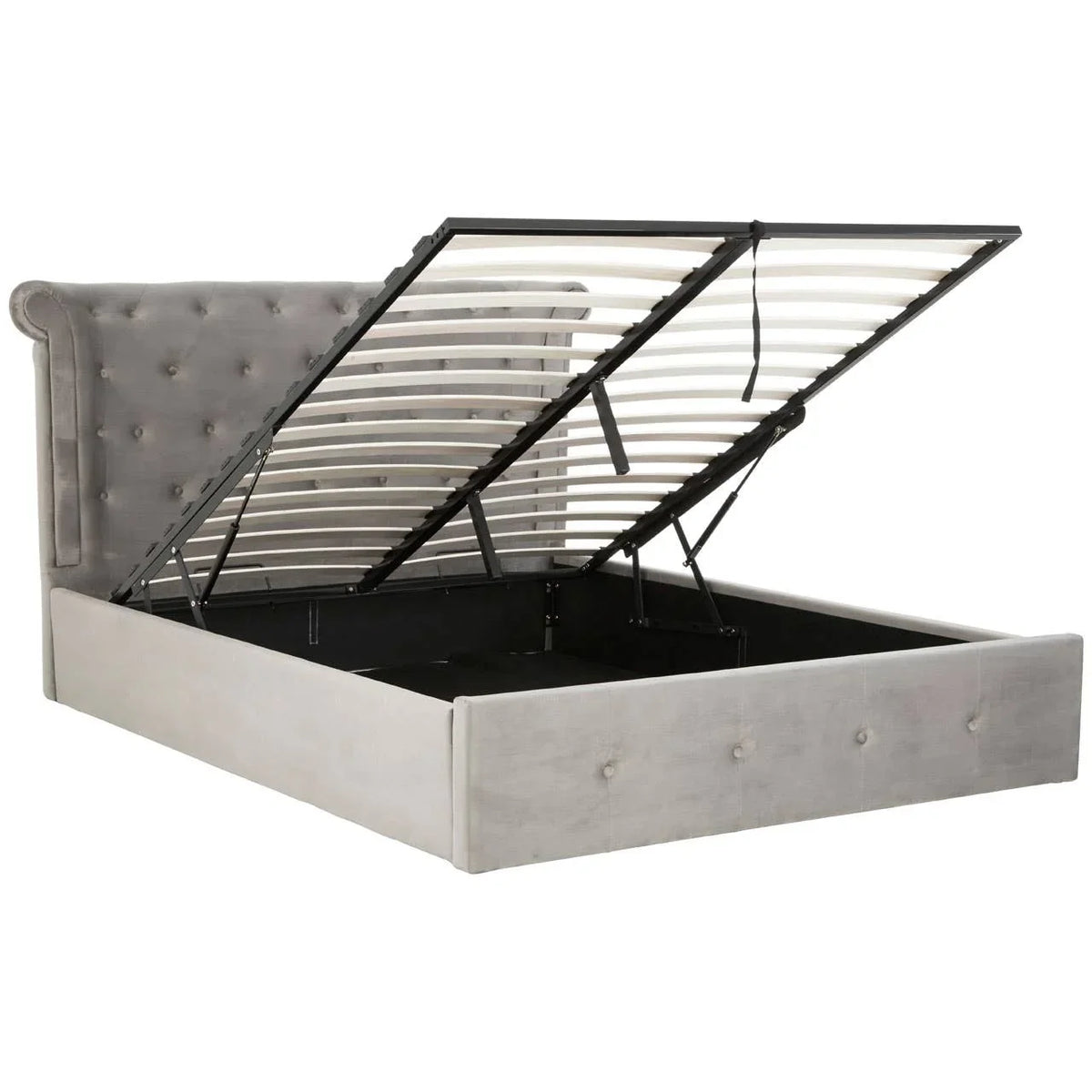 Grey upholstered ottoman bed frame with open lift-up storage and buttoned headboard