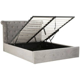 Grey upholstered ottoman bed frame with open lift-up storage and buttoned headboard