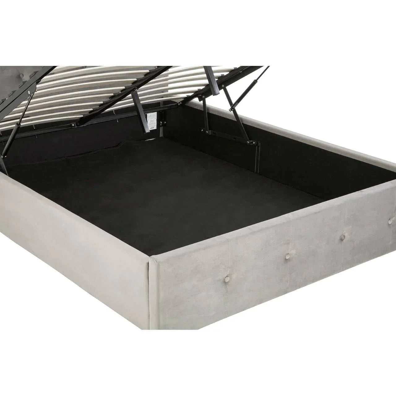 Grey ottoman storage bed frame with lifted slatted base and spacious underbed compartment