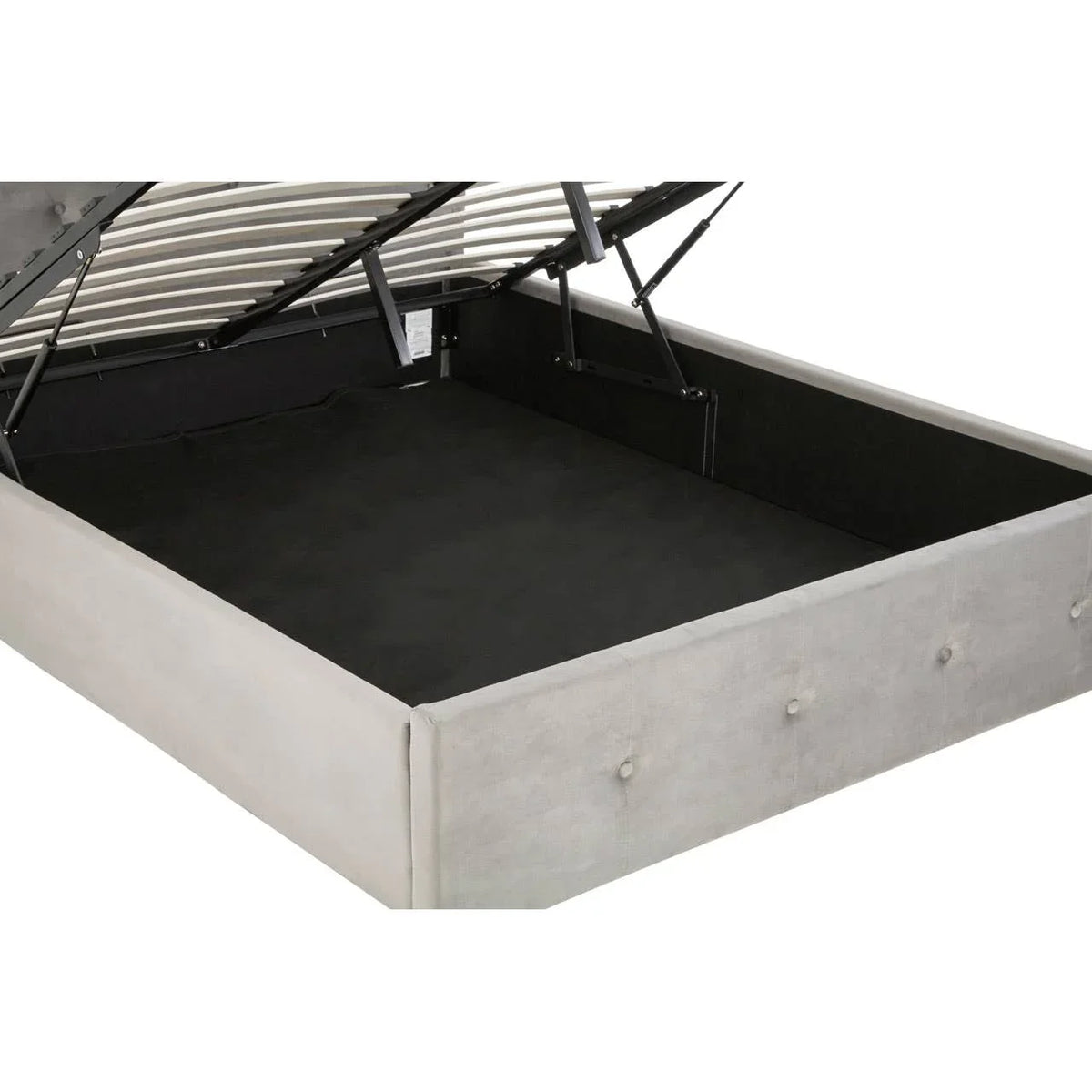 Grey ottoman storage bed frame with lifted slatted base and spacious underbed compartment