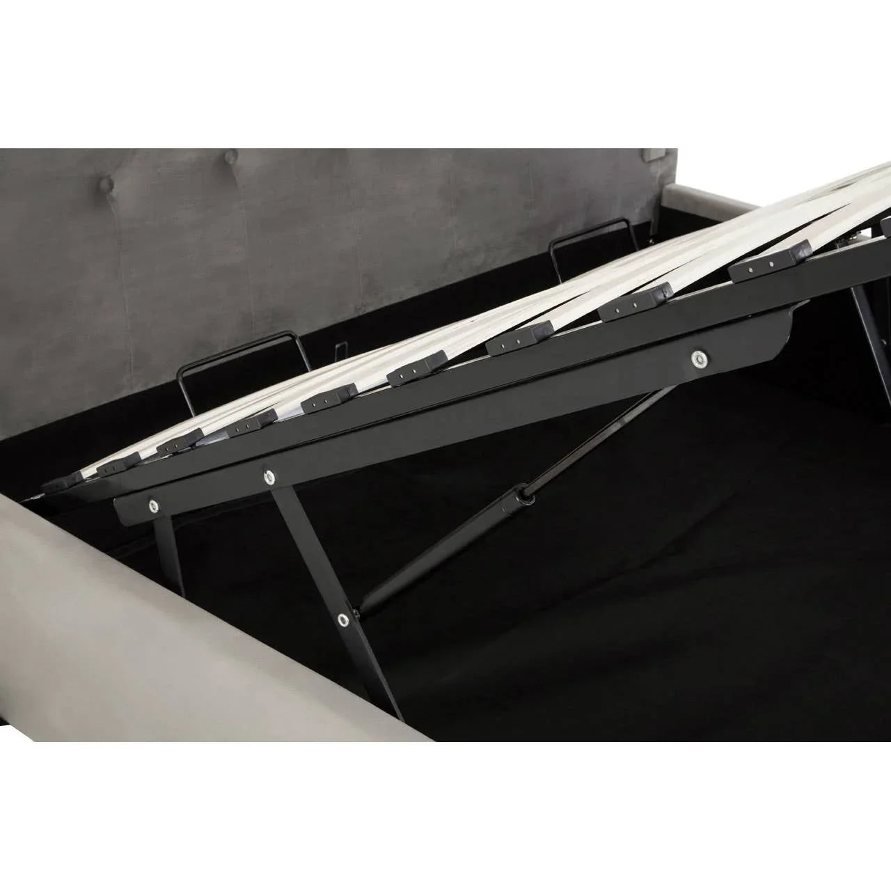 Ottoman storage bed frame with lifted slatted base and grey upholstered headboard