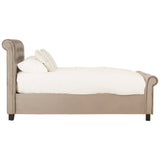 Grey ottoman double bed featuring a sleek design with a low backrest and rolled arms, complemented by a plush white mattress and decorative pillows. The bed is supported by dark wooden legs, enhancing its modern aesthetic