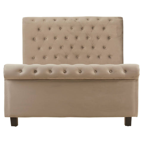 Grey ottoman double bed featuring a tufted headboard with button detailing, a padded base, and dark wooden legs. The overall design is modern and elegant, suitable for various bedroom styles