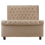 Grey ottoman double bed featuring a tufted headboard with button detailing, a padded base, and dark wooden legs. The overall design is modern and elegant, suitable for various bedroom styles