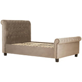 Grey ottoman double bed with a tufted headboard and rolled arms, featuring a spacious storage compartment underneath and dark wooden legs. The fabric has a soft texture, complementing the elegant design