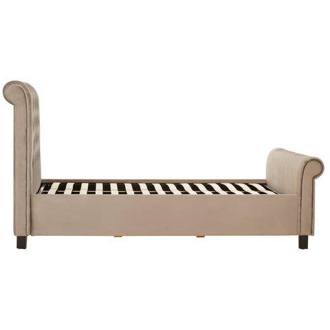 Grey ottoman double bed with a tufted headboard, curved side arms, and wooden legs, featuring a slatted base for mattress support