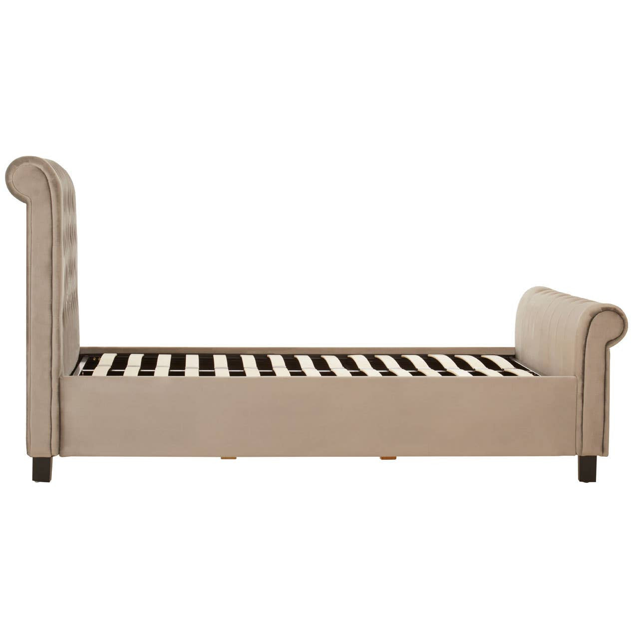 Grey ottoman double bed with a tufted headboard, curved side arms, and wooden legs, featuring a slatted base for mattress support