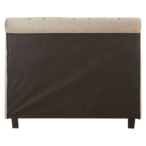 Grey upholstered ottoman double bed with a soft beige headboard and dark wooden legs, featuring a sleek design suitable for modern home decor