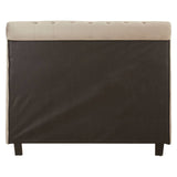 Grey upholstered ottoman double bed with a soft beige headboard and dark wooden legs, featuring a sleek design suitable for modern home decor