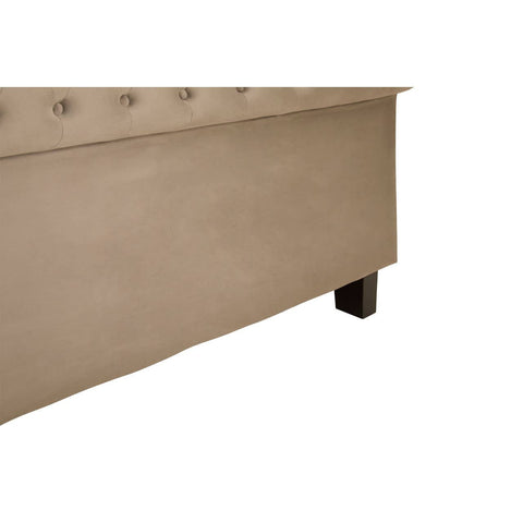 Grey upholstered ottoman double bed with a tufted headboard and wooden legs, featuring a spacious storage compartment beneath the mattress