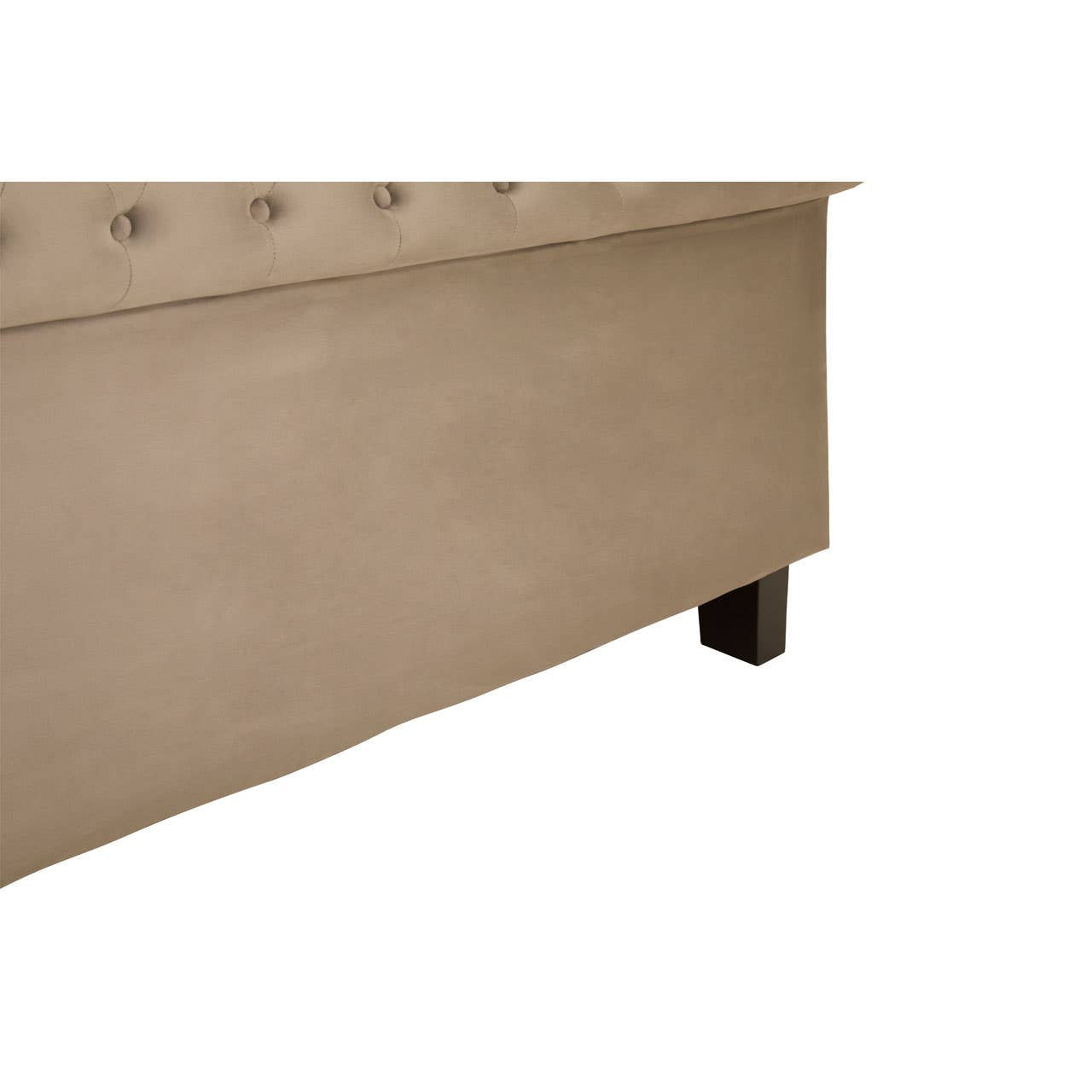 Grey upholstered ottoman double bed with a tufted headboard and wooden legs, featuring a spacious storage compartment beneath the mattress