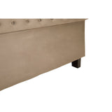 Grey upholstered ottoman double bed with a tufted headboard and wooden legs, featuring a spacious storage compartment beneath the mattress