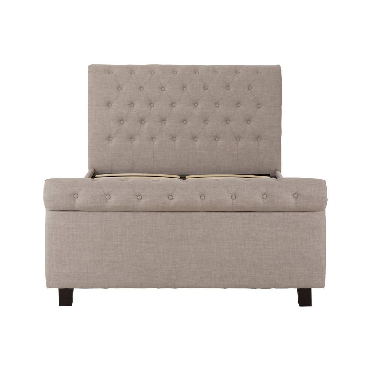 Light grey ottoman double bed with a tufted headboard and storage space underneath, supported by dark wooden legs