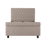 Light grey ottoman double bed with a tufted headboard and storage space underneath, supported by dark wooden legs