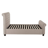 Light grey ottoman double bed with a tufted headboard and side panels, featuring a slatted wooden base for mattress support. The bed has dark wooden legs and a sleek, modern design suitable for various bedroom styles