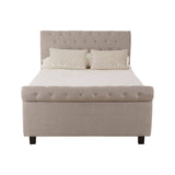 Light grey upholstered double bed with a tufted headboard, featuring two small decorative pillows on the mattress and a storage ottoman base. The bed stands on four black wooden legs