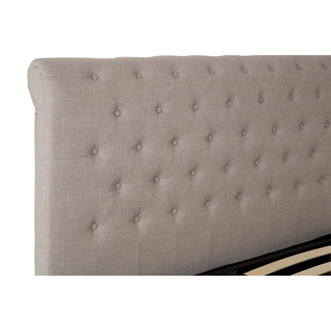 Light grey upholstered headboard with tufted detailing, designed for a double bed, showcasing a soft fabric texture and a rounded top edge