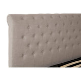 Light grey upholstered headboard with tufted detailing, designed for a double bed, showcasing a soft fabric texture and a rounded top edge