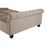 Light grey upholstered ottoman double bed featuring a tufted headboard, wooden legs, and a slatted base. The design includes a curved backrest and a storage compartment accessible from the top