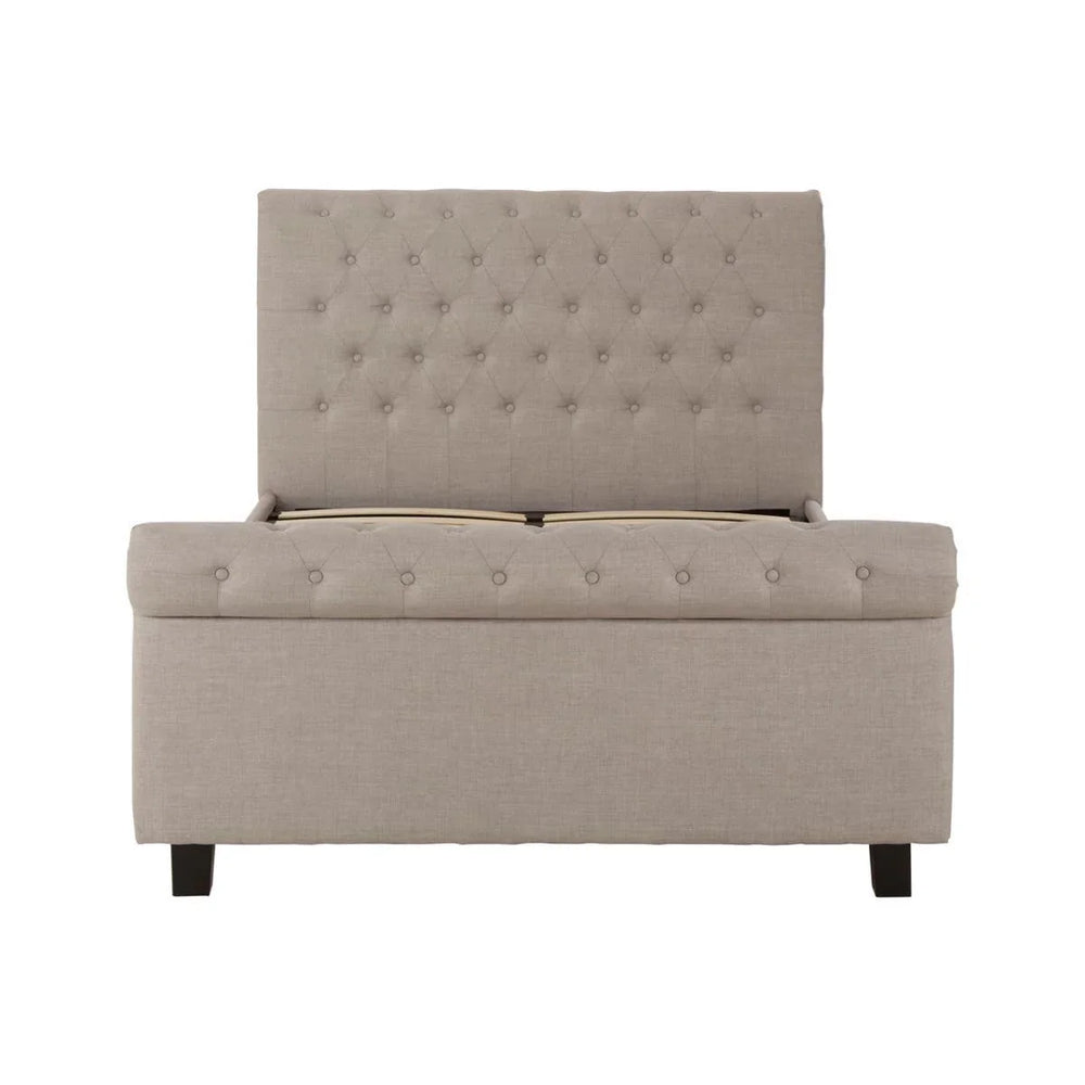 Beige fabric ottoman storage bench with tufted backrest and cushioned seat, front view