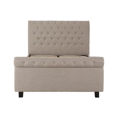 Beige fabric ottoman storage bench with tufted backrest and cushioned seat, front view