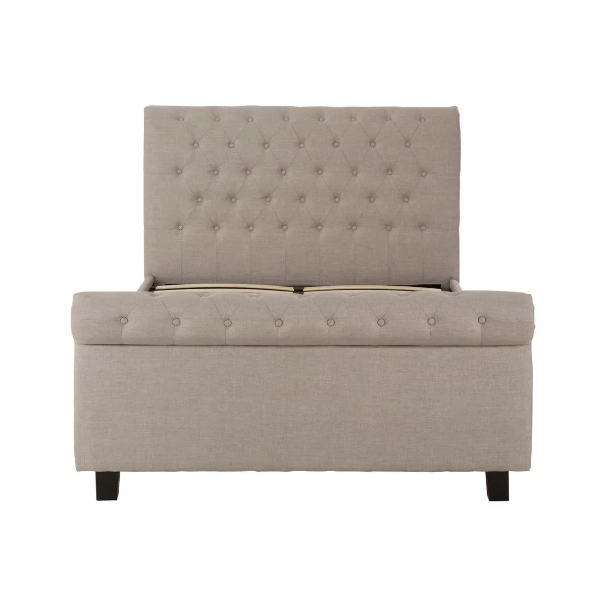 Beige fabric ottoman storage bench with tufted backrest and cushioned seat, front view