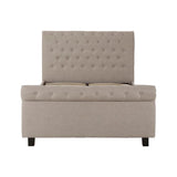 Beige fabric ottoman storage bench with tufted backrest and cushioned seat, front view
