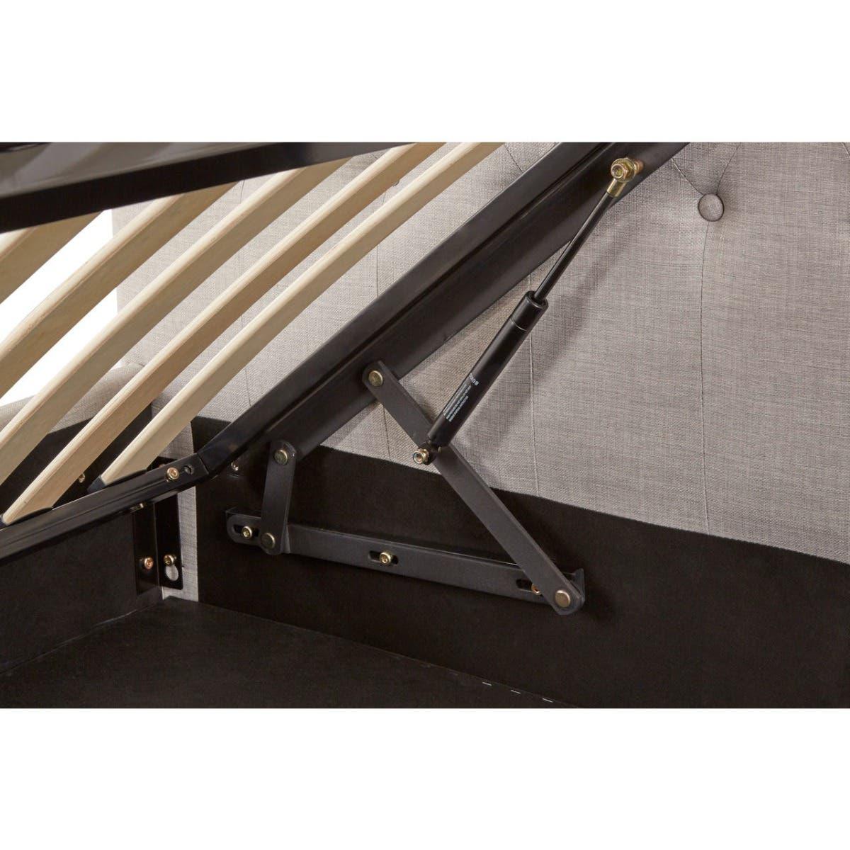 Ottoman bed gas lift mechanism with wooden slats and grey upholstered headboard