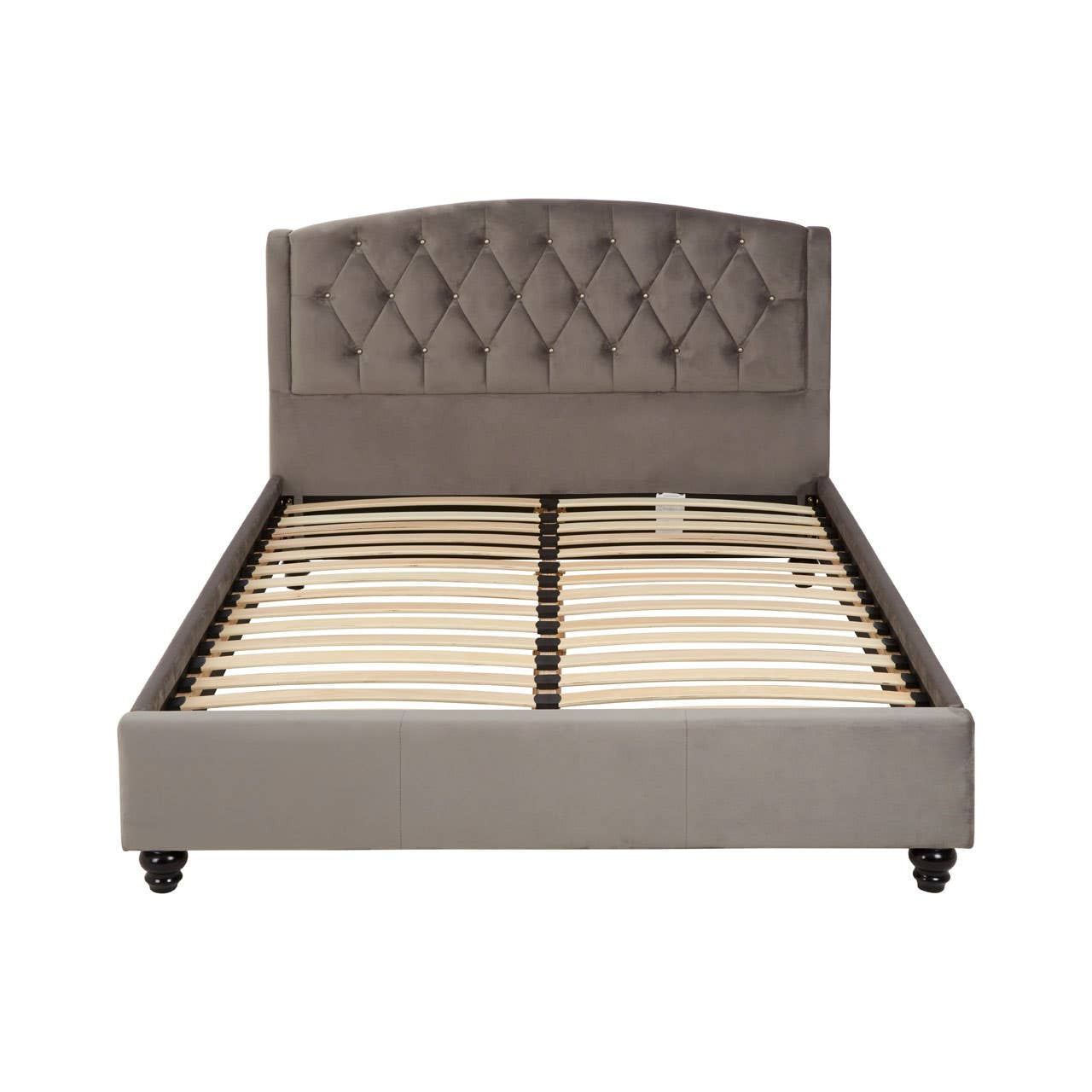 A double bed with a steel shade upholstered headboard featuring tufted detailing, a sturdy frame, and a slatted base for mattress support, set on four tapered legs