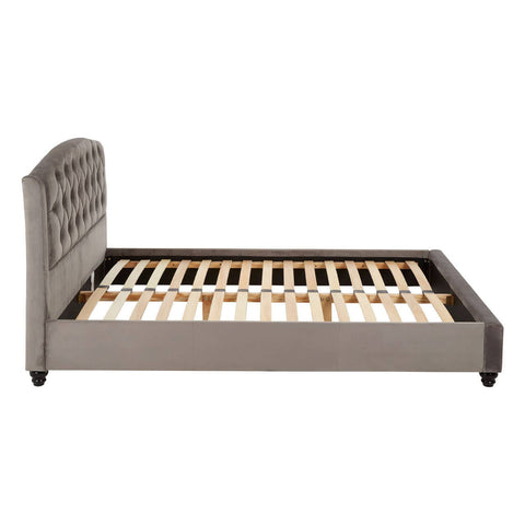 Double bed with a steel shade upholstered headboard featuring a tufted design, wooden slats visible in the base, and tapered legs. The bed frame is in a neutral gray color, providing a modern and stylish look suitable for various bedroom decors