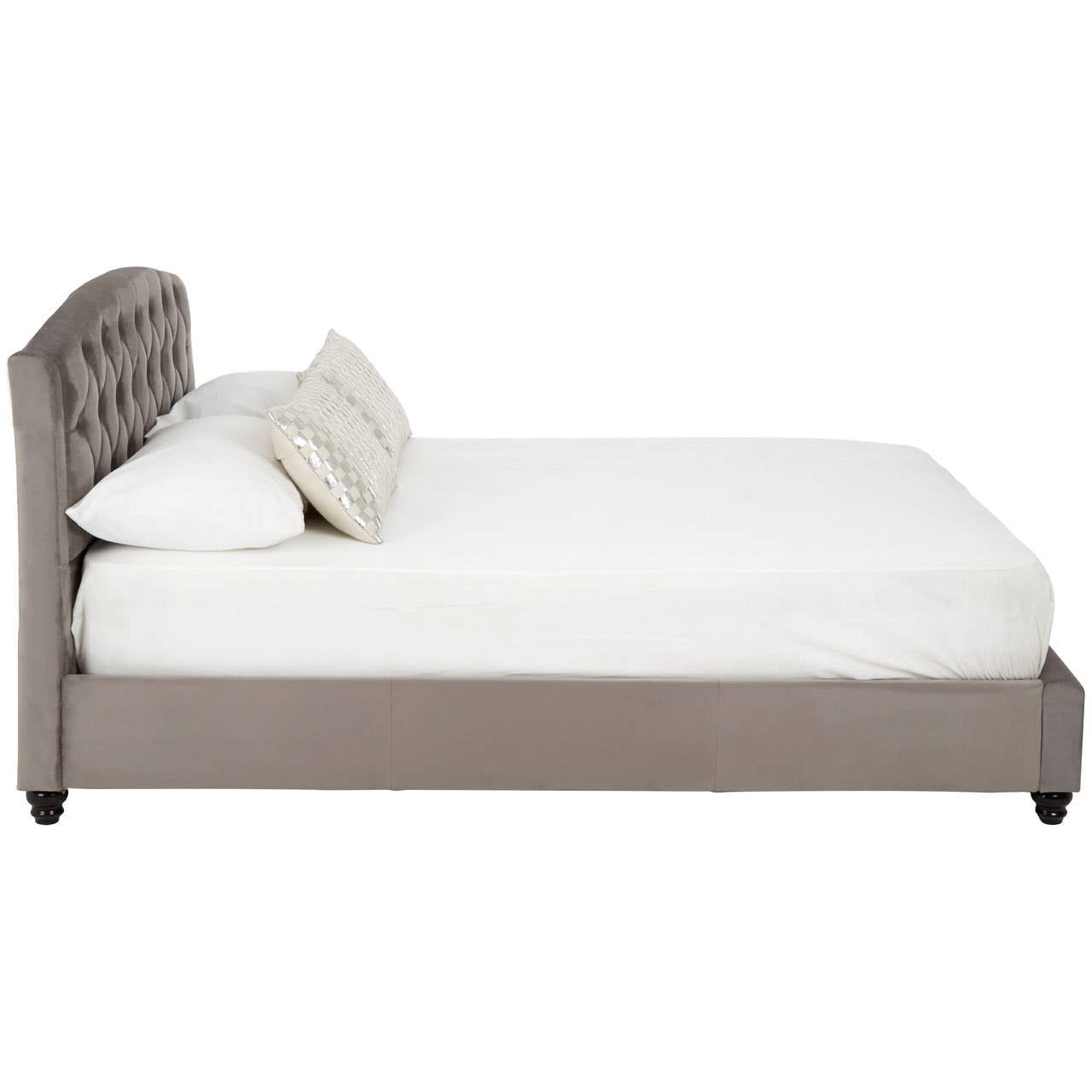 Double bed with a steel shade upholstered headboard, featuring a sleek design and two decorative pillows on a white mattress. The bed frame has a low profile and tapered legs, showcasing a neutral color palette that complements various bedroom styles