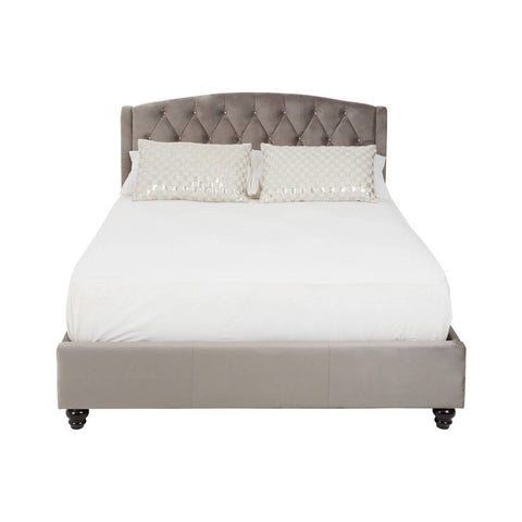 Double bed featuring a tufted steel shade headboard, a sleek upholstered frame, and a white mattress. The bed is supported by four dark wooden legs, creating a modern and elegant look suitable for various bedroom styles
