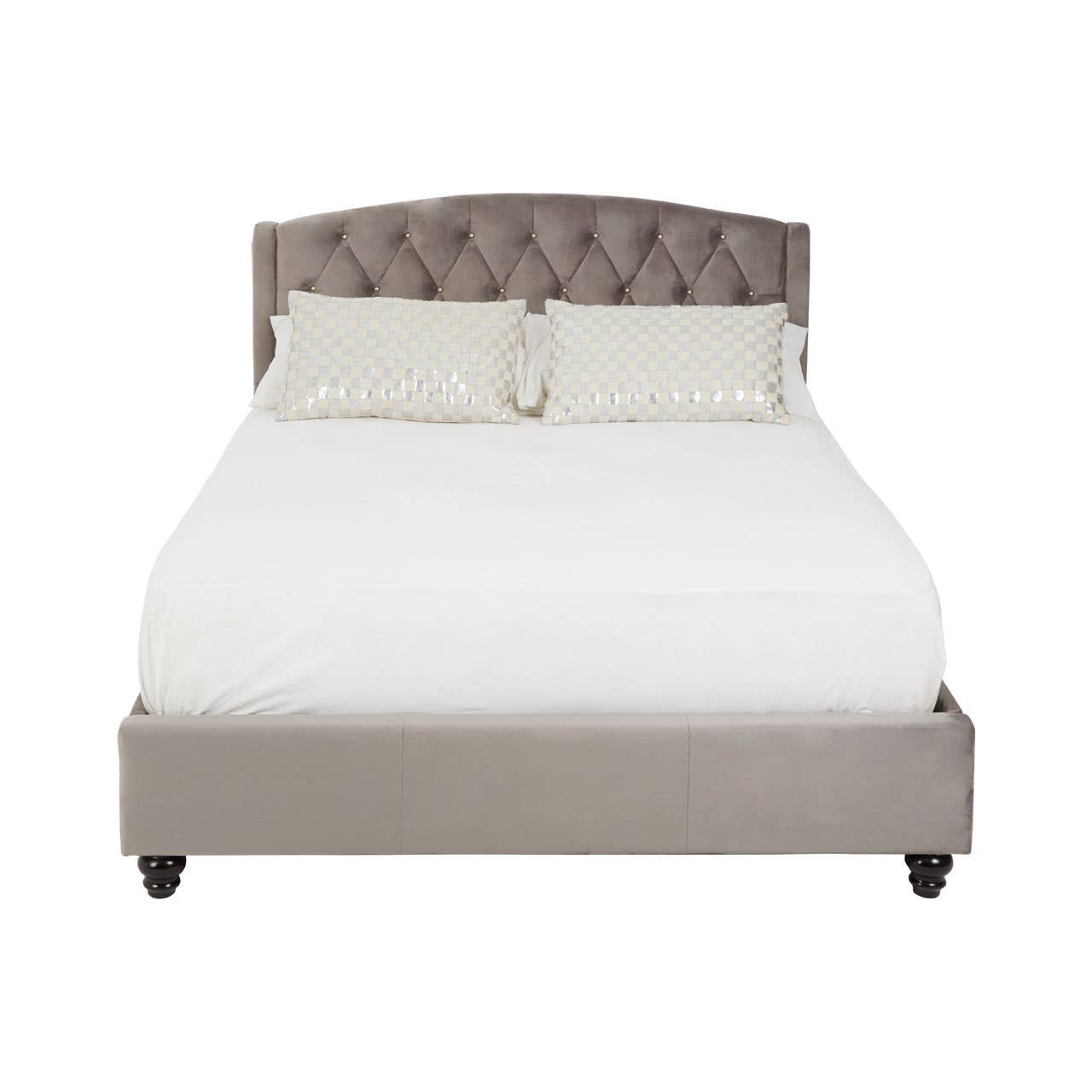 Double bed featuring a tufted steel shade headboard, a sleek upholstered frame, and a white mattress. The bed is supported by four dark wooden legs, creating a modern and elegant look suitable for various bedroom styles