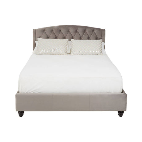 Double bed featuring a tufted steel shade headboard, a sleek upholstered frame, and a white mattress. The bed is supported by four dark wooden legs, creating a modern and elegant look suitable for various bedroom styles
