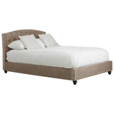 Mink brushed velvet double bed with a curved headboard, featuring three white pillows and a white mattress, resting on four black legs