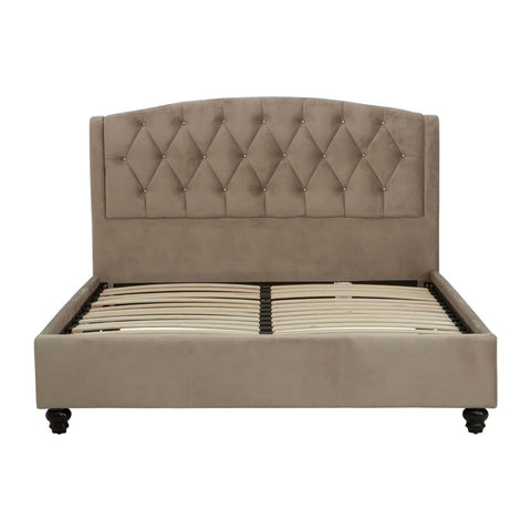 Mink brushed velvet double bed featuring a tufted headboard and a low-profile base with storage space underneath, supported by four black legs