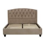 Mink brushed velvet double bed featuring a tufted headboard and a low-profile base with storage space underneath, supported by four black legs