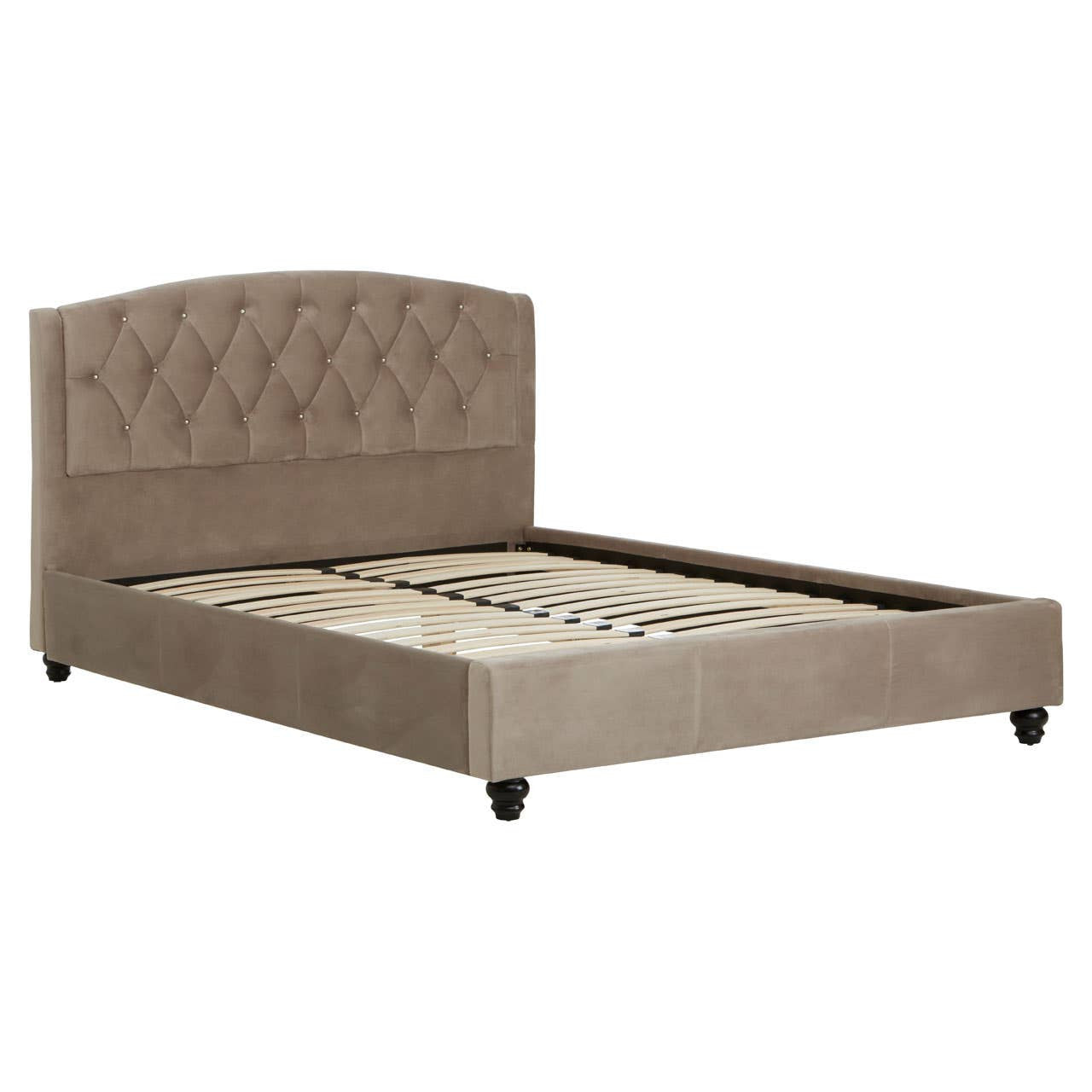 Mink brushed velvet double bed with a tufted headboard and a low-profile frame, featuring wooden legs and a slatted base. The bed is designed for a standard double mattress and showcases a soft, neutral color that complements various decor styles