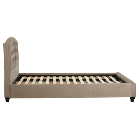 Mink brushed velvet double bed with a tufted headboard and wooden slats, featuring tapered legs and a sleek, modern design. The bed frame is upholstered in soft fabric, creating an elegant look suitable for various bedroom styles