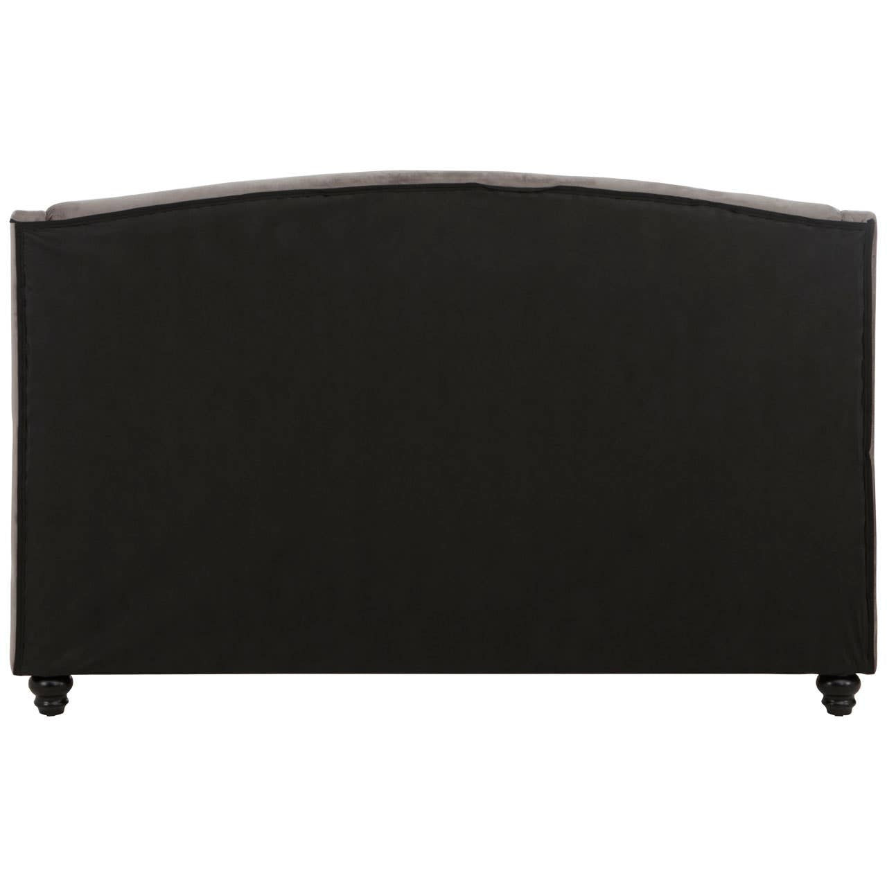 Grey velvet king bed with a curved headboard and tapered legs, showcasing a soft texture and elegant design
