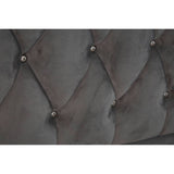 Grey velvet upholstery with a tufted design featuring diamond patterns and decorative buttons, showcasing a luxurious texture suitable for a king-sized bed