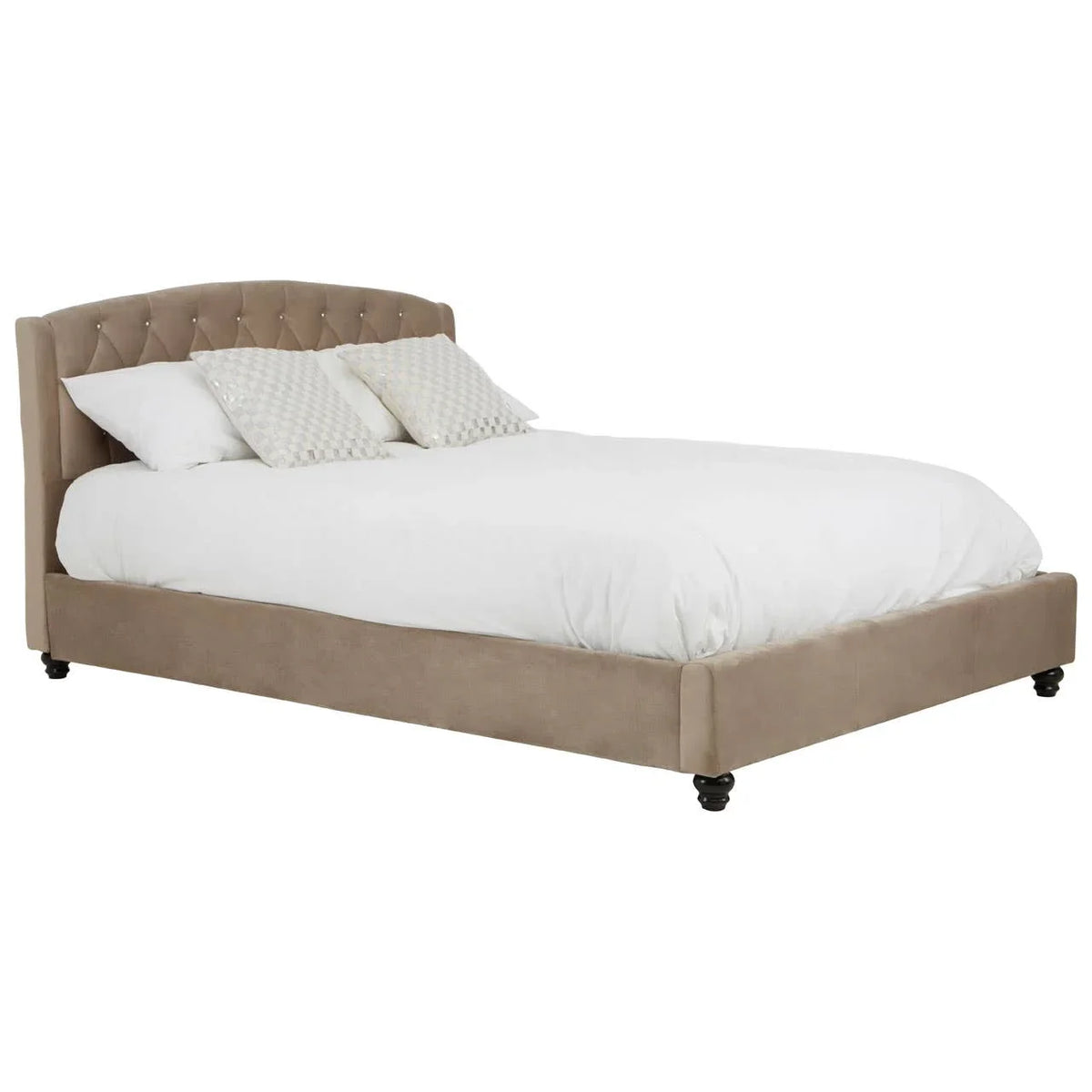 Beige upholstered bed frame with tufted headboard and wooden legs, dressed in white bedding